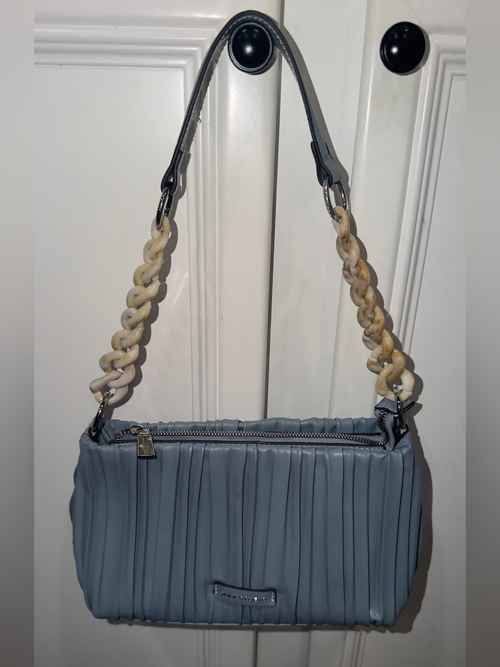 Max Studio Light Blue Pleated Shoulder Bag with Chain Accent